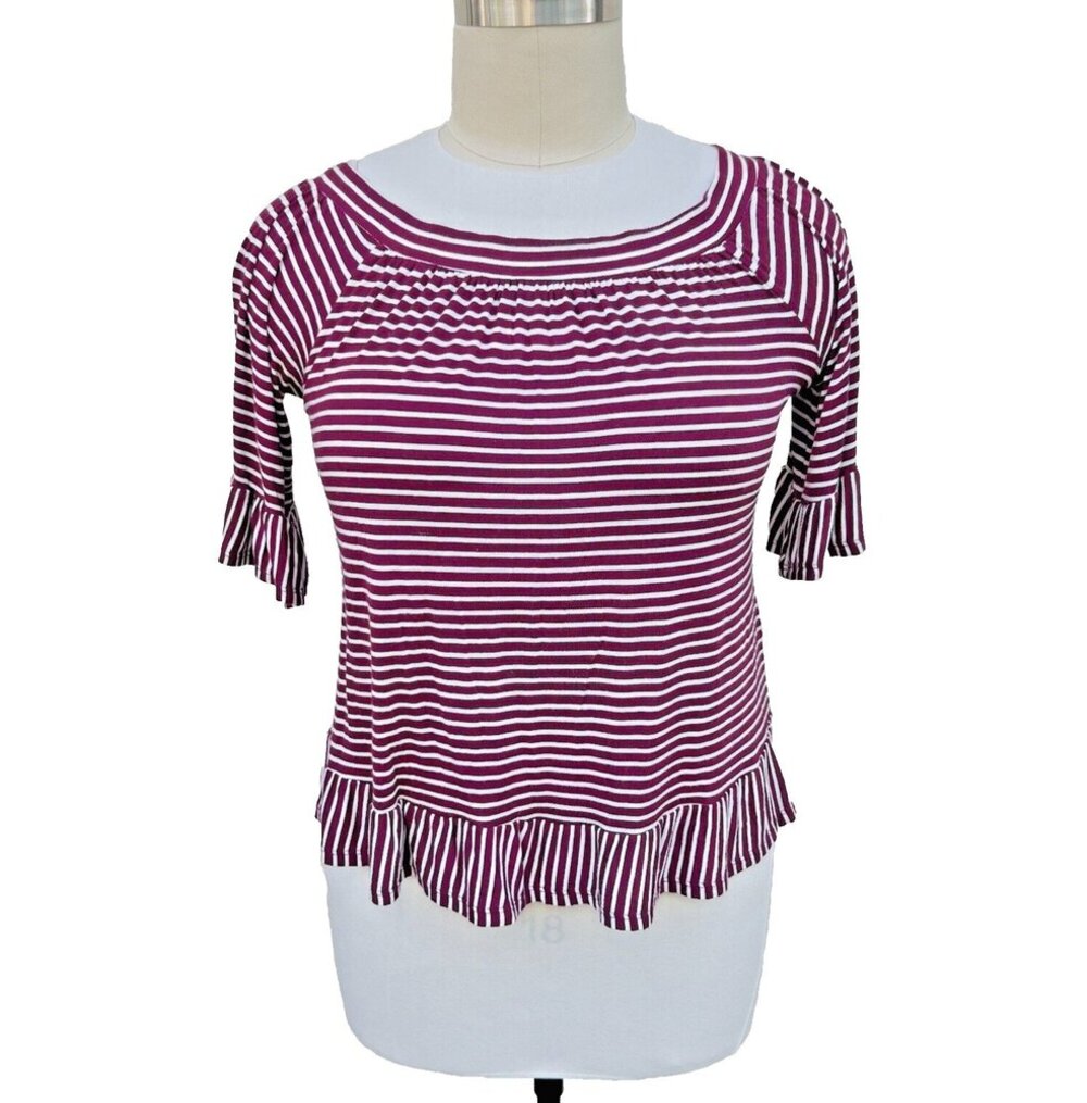 Woman's Maverick‎ Candy Striped Burgandy and White Stripe Ruffled Sleeve Top M